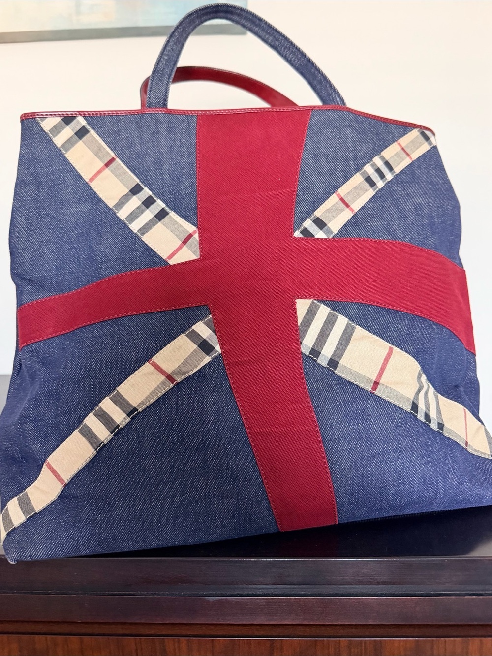 Burberry Blue Denim Duffel with Red Cross and Signature Check Trim